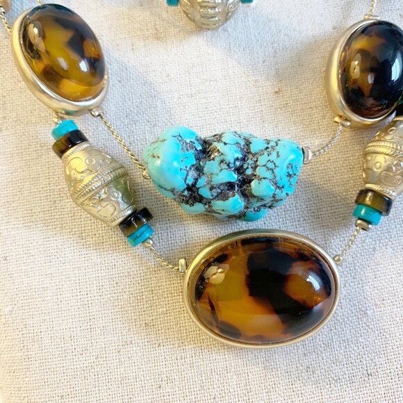 Chico's Necklace 3 Strand Faux Turquoise Stones Howlite Wood Claw Clasp NWT - Picture 3 of 6